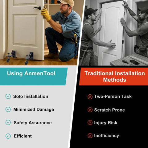 Comparison of using Heavy Duty Door Lifter Kit With Rolling Door Dolly Wheels For Pre Hung Doors Up To 800 lb Pro Grade vs. traditional methods.
