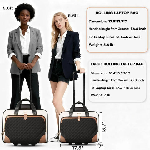 Two women with Rolling Laptop Bag For Women On The Go With Waterproof Pocket 16 Inch Computer Case And Underseat Carry On Luggage