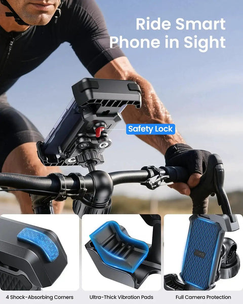 No Jiggle Anti Shake Motorcycle Phone Mount With 2026 Dual Vibration Dampener on bike handle showing shock-absorbing corners