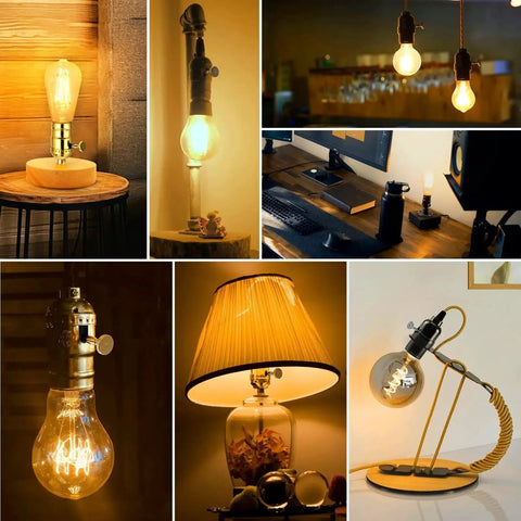 Collage showing various vintage lamps with brass switch knobs in different settings, highlighting style and functionality.