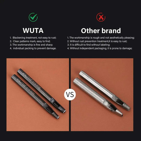 Comparison of WUTA and other brand of Eight Size Oval Leather Hole Punch Set 2x4mm to 6x10mm, showing quality differences.