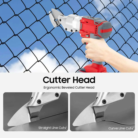 Hand using 36V Corded Metal Shears With Variable Speed And Swivel Head For Sheet Metal Cutting, close-up on cutter head.