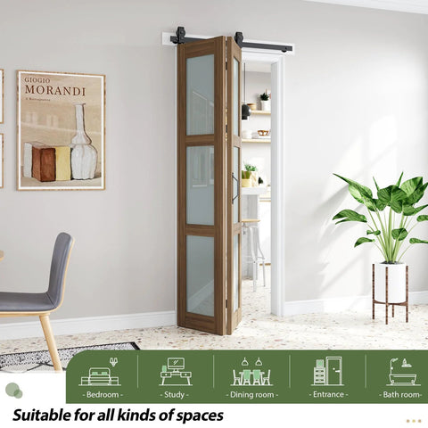 Double 18x84 Frosted Glass Bifold Barn Door Set With Hardware Kit Included, 36x84 brown sliding door installed in living space