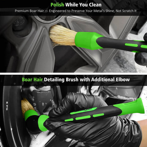 Close-up of Premium Boar Hair Detailing Brush in 4 Piece Car Wheel Cleaning Kit With 360 Degree Bendable Wheel Brush for scratch-free cleaning