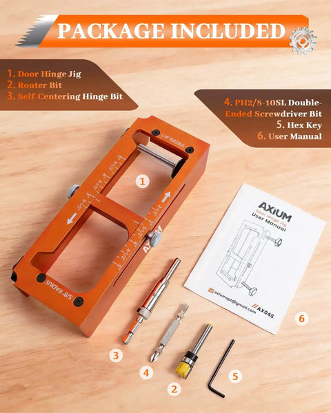 Pro Grade Aluminum Door Hinge Jig Router Template, Adjustable Mortise Jig For 2.5 To 5 Inch Hinge Mortises, CNC Machined Aluminum Alloy with components displayed on wooden surface