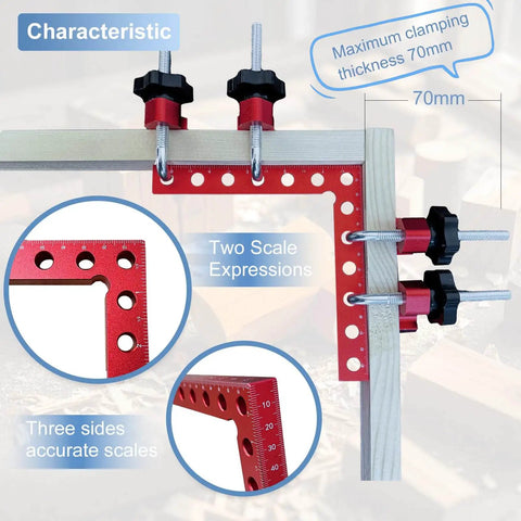 Two-Piece 90 Degree Corner Clamps For Woodworking, Premium Aluminum Alloy 5.5 By 5.5 Inch Squares in use with wood.