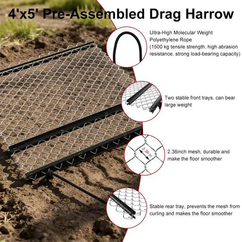 Drag Harrow for ATV and UTV, 4x5 Foot Chain Harrow with rust resistant mesh, close-up on durable galvanized steel mesh and trays.