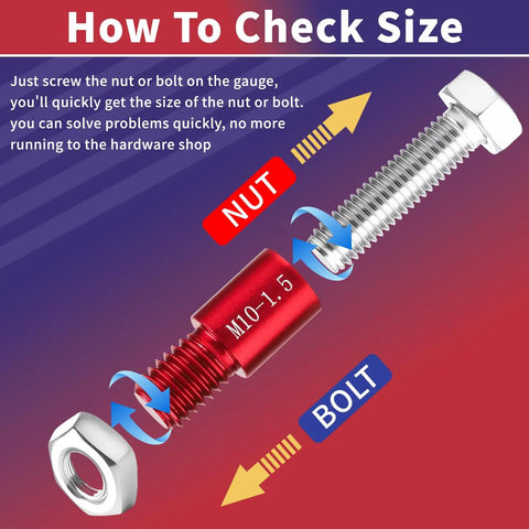 48 Piece Nut And Bolt Thread Checker Kit With Handy Tool Box For Comprehensive Bolt Size And Thread Gauge showing a red nut and silver bolt on a gauge.