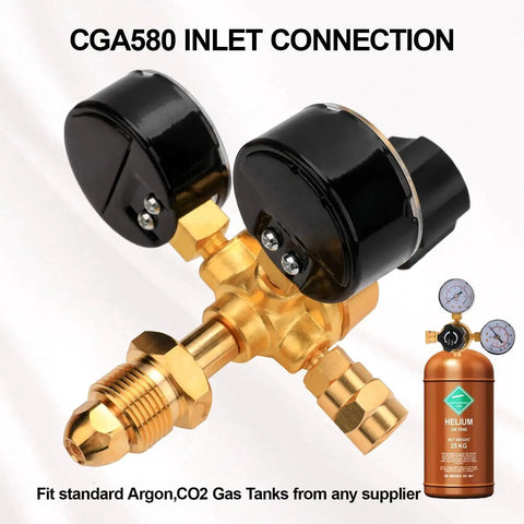 Argon CO2 Welding Gas Regulator With CGA580 Inlet Brass Body 0 To 4500 PSI Gauge 0 To 10 BAR Input Pressure Six Point Six Foot Hose