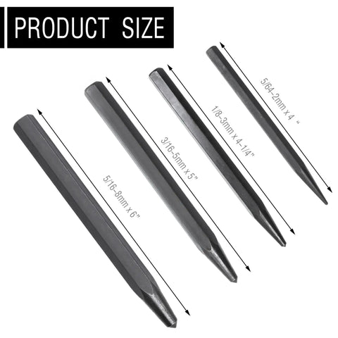 Heavy Duty Four Piece Center Punch Set With 3/16-5mm 5-Inch, 5/16-8mm 6-Inch, 5/64-2mm 4-Inch, 1/8-3mm 4-1/4-Inch sizes shown