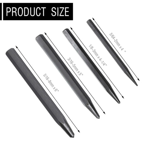 Center Punch Kit Four Piece Set For Metal Marking Built Tough From Hardened Steel; product size dimensions shown for each punch.