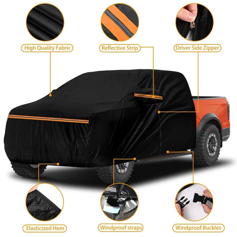 Cab Roof Cover For Mid Size Truck Crew Cab Sunshade With Reflective Warnings installed on a mid-size truck with features highlighted