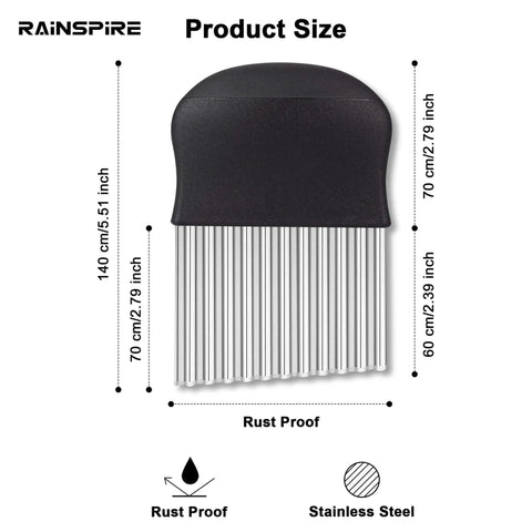 Image showing product dimensions of Crinkle Cutter For Veggies With Stainless Steel Blade Pro Grade Build Ideal For French Fries Wave Cut Vegetables And Decorative Slices Ergonomic Soft Touch Handle Dishwasher Safe Black Rainspire.