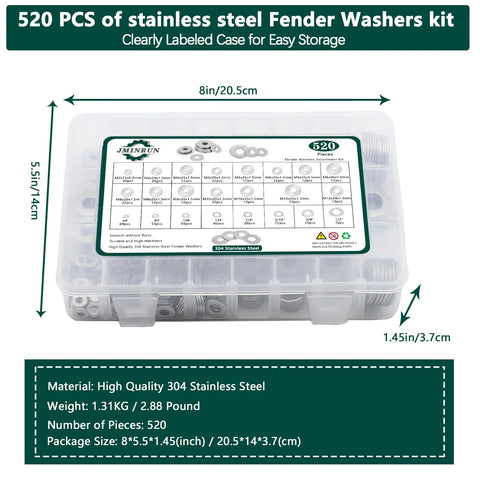 Front view of Fender washers kit, 520 pcs, 304 stainless steel, SAE + metric sizes in clear storage case
