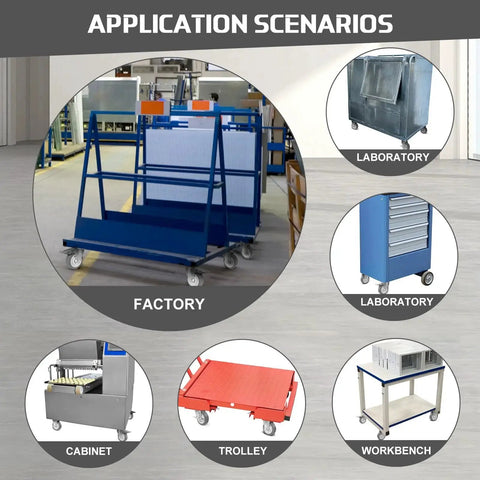 Application scenarios showing 3 Inch Thermoplastic Rubber Caster Wheels Set Of 4 Silent Heavy Duty Casters With 1200 Lb Capacity Non Marking Gray Tread Smooth Rolling for carts and workbenches.
