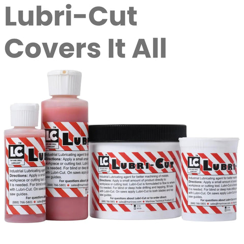 Front view of Lubri-Cut high performance wax lubricant range, including beeswax based cutting paste for metal drilling and tapping tubes.