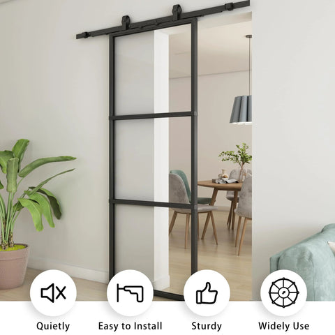 Clear Tempered Glass Barn Door 36 Inch By 84 Inch With Carbon Steel Frame Pre Drilled Panel Sliding Door Kit With 6 Ft Hardware And Soft Close Easy To Install No Carpentry Needed, installed in a modern living space.