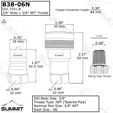 Summit Hydraulics quick-disconnect coupling set, 3/8 in NPT ISO 7241-B, 3/8 in body x 3/8 in NPT thread.