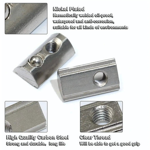 Drop In T Nut Set For Aluminum Extrusion, 20 Pcs M6 Thread Spring Nuts, Nickel Plated Carbon Steel, 6mm Slot, 20 Series, Various Views