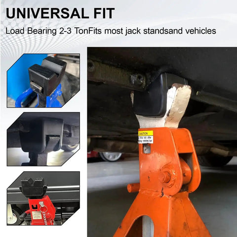 Universal Rubber Jack Stand Pads And Adapters For Pinch Weld Frame Rails 4 Pack, installed on vehicle supporting 3-ton jack