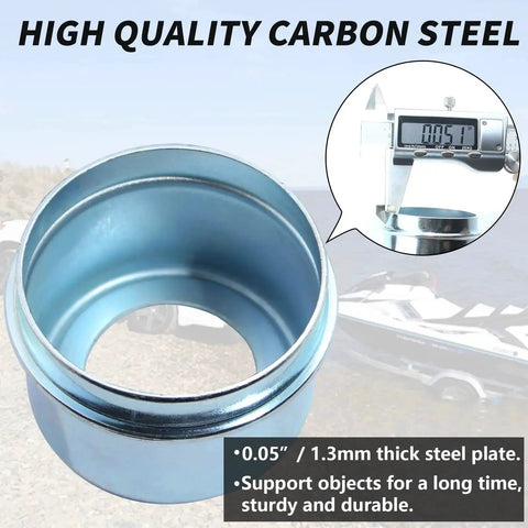 Heavy Duty Trailer Axle Dust Cap Cup Grease Cover 1.9 Inch Hub Two Pack With Extra Rubber Seals For Most 2000 To 3500 Pound Dexter Axles Carbon Steel And Rubber Construction Zinc Plated Finish Durable Wheel Hub And Bearing Dust Cap, showing blue zinc finish with text overlay and caliper measurement in background.