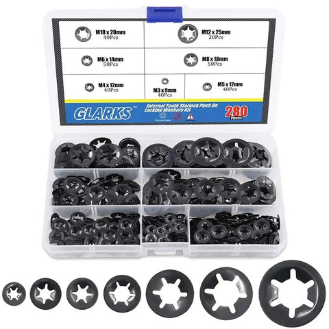 Glarks 280-piece black internal-tooth starlock push-on locking washers assortment kit in clear plastic case