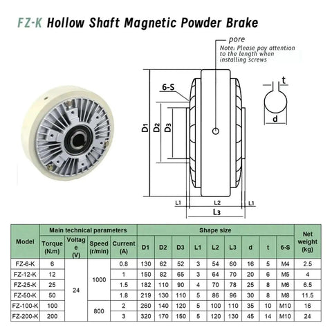 FZ-K Hollow Shaft Magnetic Powder Brake with technical specifications, showing size guide for industrial machines.
