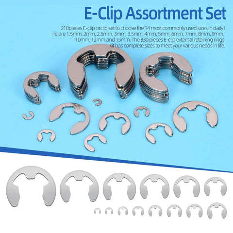 304 Stainless Steel E Clips Retaining Rings Set, 14 Sizes From 1.5mm to 15mm, displayed with tweezers and gear assemblies
