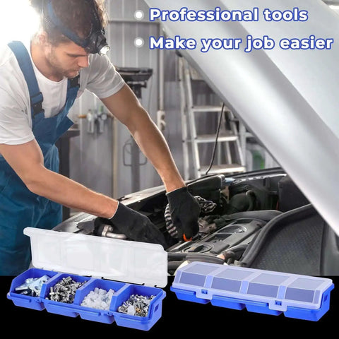 Mechanic using Six Pack Screw Organizer Box With Lids For Nuts And Bolts Four Compartments Plastic Hardware Storage Case.