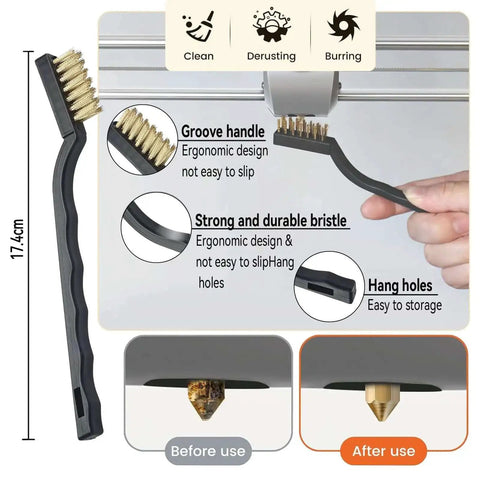17 Piece Clog Poke 3D Printer Nozzle Cleaning Kit Pro Grade With Copper Wire Brush Demonstrating Use On 3D Printer