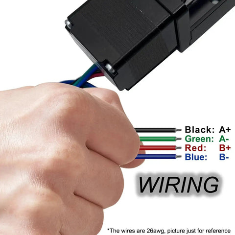 Hand holding 2 Inch Stroke Mini Linear Rail Stage Actuator Beefy For DIY CNC Router wiring with color-coded cables visible