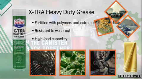 Tub of XTRA Heavy Duty Grease 14 oz for auto, truck, industrial use with background gear and machinery images