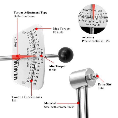 Diagram of the Quarter Inch Drive Beam Torque Wrench Dual Direction Precision Instrument with features highlighted