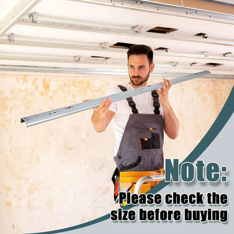 Man holding 2 Pack Heavy Duty Vertical Garage Door Track Replacement Rails For 7 Foot Tall Doors Left And Right Side Tracks Galvanized Steel Hardware 2 Inch Roller Compatible Includes Brackets Silver Finish