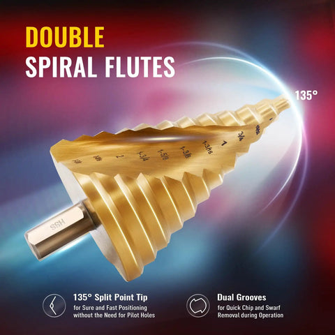Titanium-Coated HSS Step Drill Bit Set For DIYers, Spiral Groove Design, twelve sizes from 1/4 inch to 2-3/8 inch, side view.