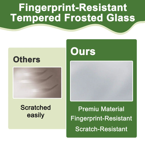 Comparison image highlighting fingerprint-resistant tempered frosted glass, showing scratch-prone versus scratch-resistant surfaces.