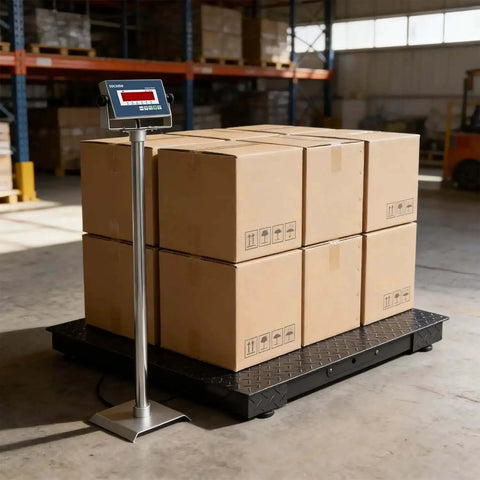 Heavy Duty 36 By 36 Inch Industrial Floor Scale With Digital Indicator, 5000 Lb Capacity, Durable Carbon Steel Platform, in use with boxes