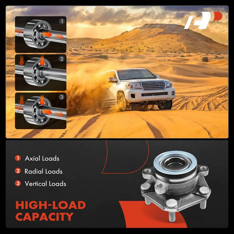 Illustration of high-load capacity front wheel bearing and hub assembly for Nissan cars with desert vehicle scene.
