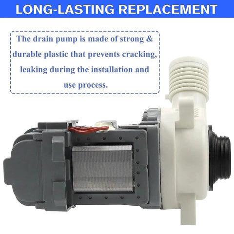 Washer drain pump assembly for Whirlpool/Kenmore/Maytag washers, side view with gray motor housing and white inlet