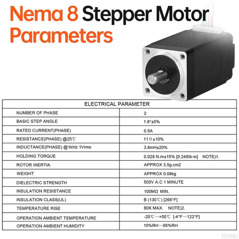 High Torque Nema 8 Stepper Motor 2 Phase 1.8 Degree Bipolar with parameters and specifications table