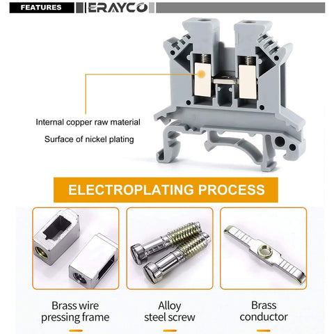 DIN Rail Terminal Block With Screw Clamp, 600V Rating, 20A Max, Handles 24 To 12 AWG Solid Or 20 To 12 AWG Flexible Wires, Nylon PA66 Housing With Copper Alloy Bodies And Nickel Plated Screws, Pack Of 100, Built For Pros featuring internal copper material and nickel-plated surface with electroplating process shown.