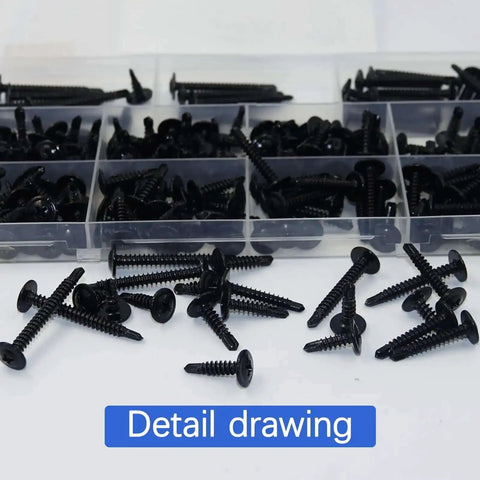 Close-up of 210Pcs Sheet Metal Screws Kit with Self-Tapping and Self-Drilling features, black zinc plated, various sizes.