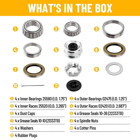 Image showing components of Trailer Hub Bearing Kit For 8000 Lb Axles Four Sets Included With Inner Bearings 25580 and 25520.