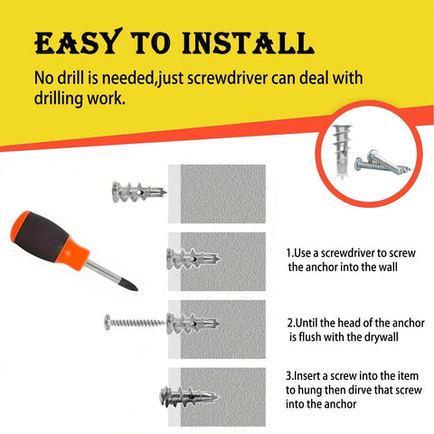 100 Piece Zinc Self Drilling Drywall Anchors And Screws Kit With 50 Heavy Duty Hollow Metal Anchors And 50 Size 8 And One Quarter Inch Screws For Secure Sheetrock Mounts And Durable Quick Installations showing easy installation steps with screwdriver