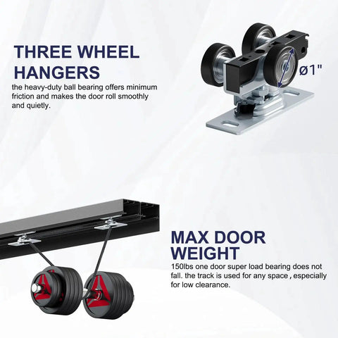 Close-up view of the three wheel hangers and track from the 4 Ft Bypass Door Hardware Kit For Closet Doors, Top Mounted Track System In Black.