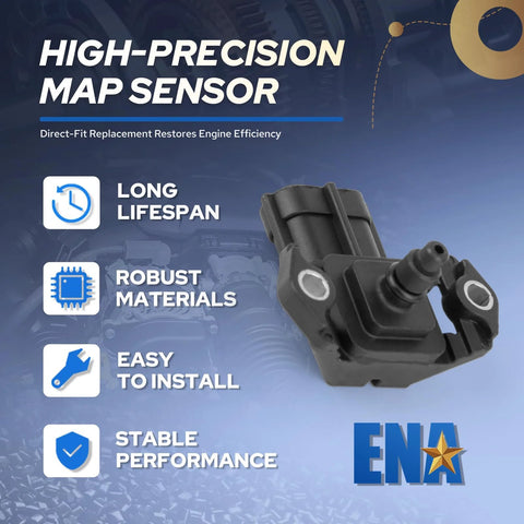 MAP sensor, black automotive pressure sensor with mounting bosses, ENA brand logo.