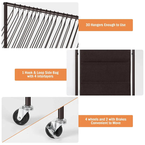 Four Wheel Pants Rack With 30 Hangers And Built In Oxford Bag For Small Items, highlight of hangers, wheels, and storage bag features