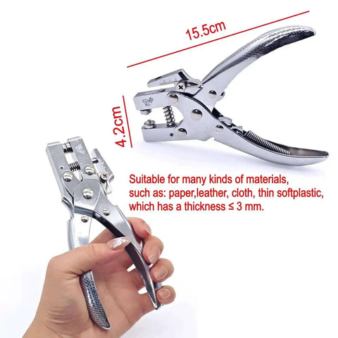 Beefy Heavy Duty 5mm Hole Punch And Eyelet Riveting Pliers Set with 200 silver rivets, showing dimensions and material compatibility