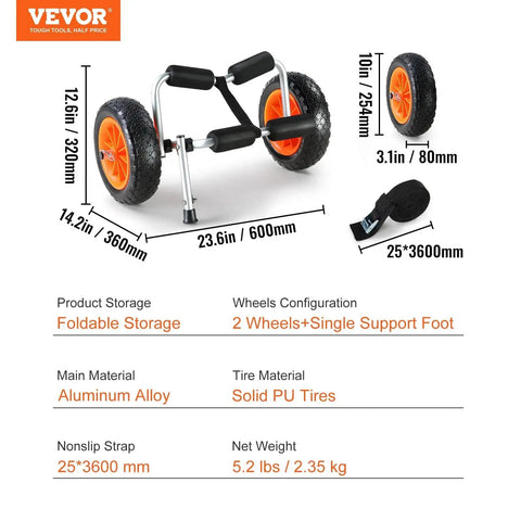 Foldable Aluminum Kayak Cart With 250 Lb Load Capacity And 10 Inch Solid Wheel Dolly, aluminum frame, solid tires, dimensions marked