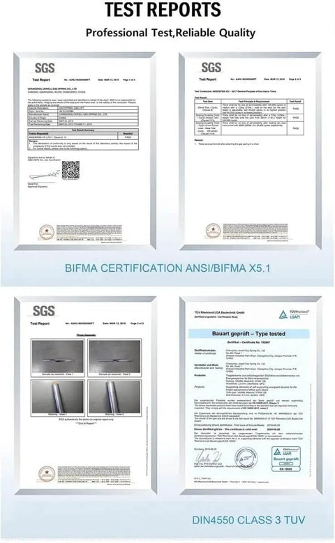 Test reports showing BIFMA and DIN4550 certification for Tall Gas Lift Cylinder Replacement For Drafting Chairs And Bar Stools Heavy Duty Hydraulic Pneumatic Piston Adjustable Height 18 To 28 Inches 2 Inch Outer Diameter Long Lasting Universal Fit For Task Chairs And Stools.